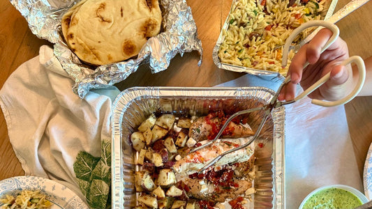 Mediterranean Chicken with Naan Bread and Orzo Pasta Served with Edamame Hummus from Queen Ro To Go