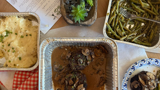 Dinner 10/21/26 Chopped Steak with a Creamy Mushroom Sauce, Mashed Potatoes & Garlic Green Beans - Queen Ro To Go
