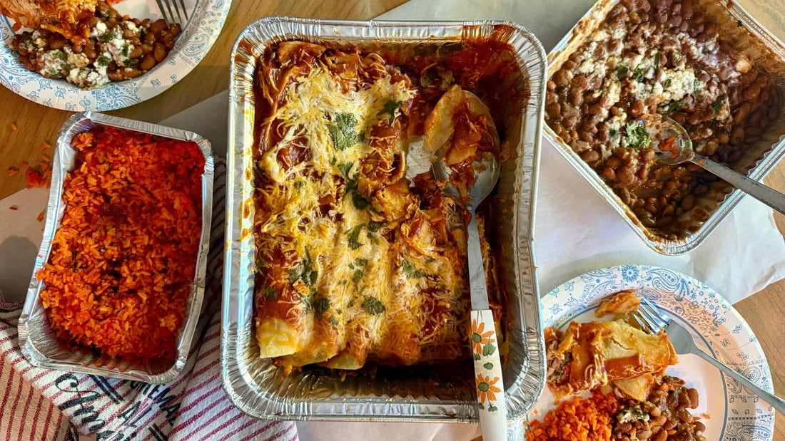 Week of 10/12/25 - Chicken Enchiladas Roja with Charro Beans and Spanish Rice - Queen Ro To Go