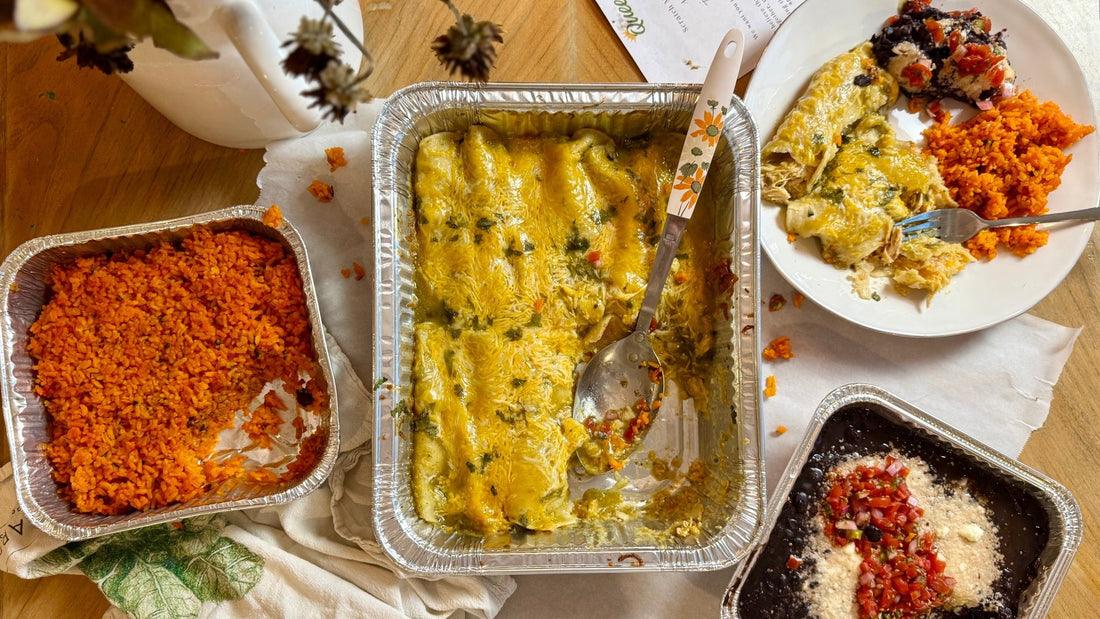 Week of 1/4/26 - Roasted Chicken Verde Enchiladas with Spanish Rice and Black Beans - Queen Ro To Go