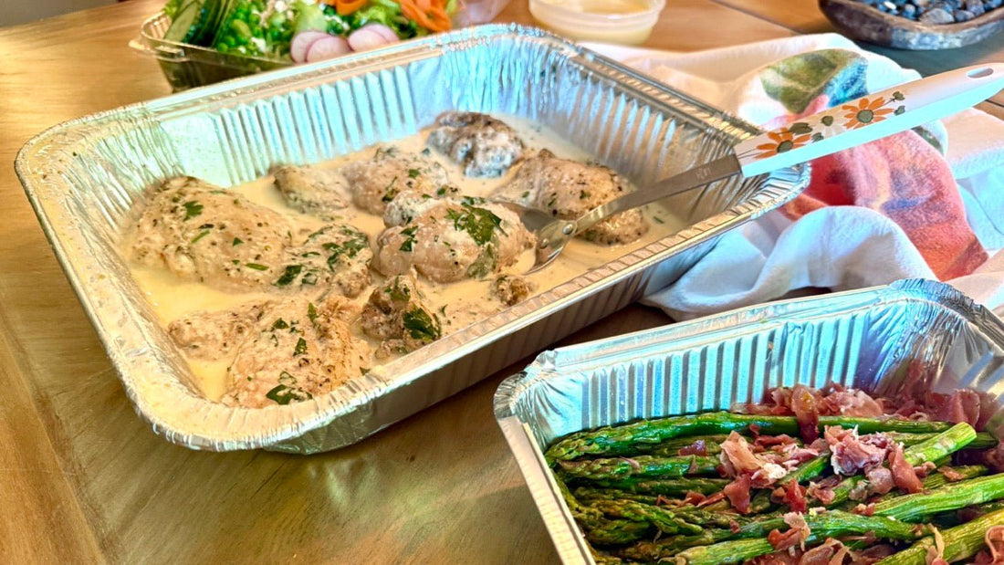 Week of 4/6/25 - Creamy Garlic Chicken Thighs with Asparagus and Spring Salad - Queen Ro To Go