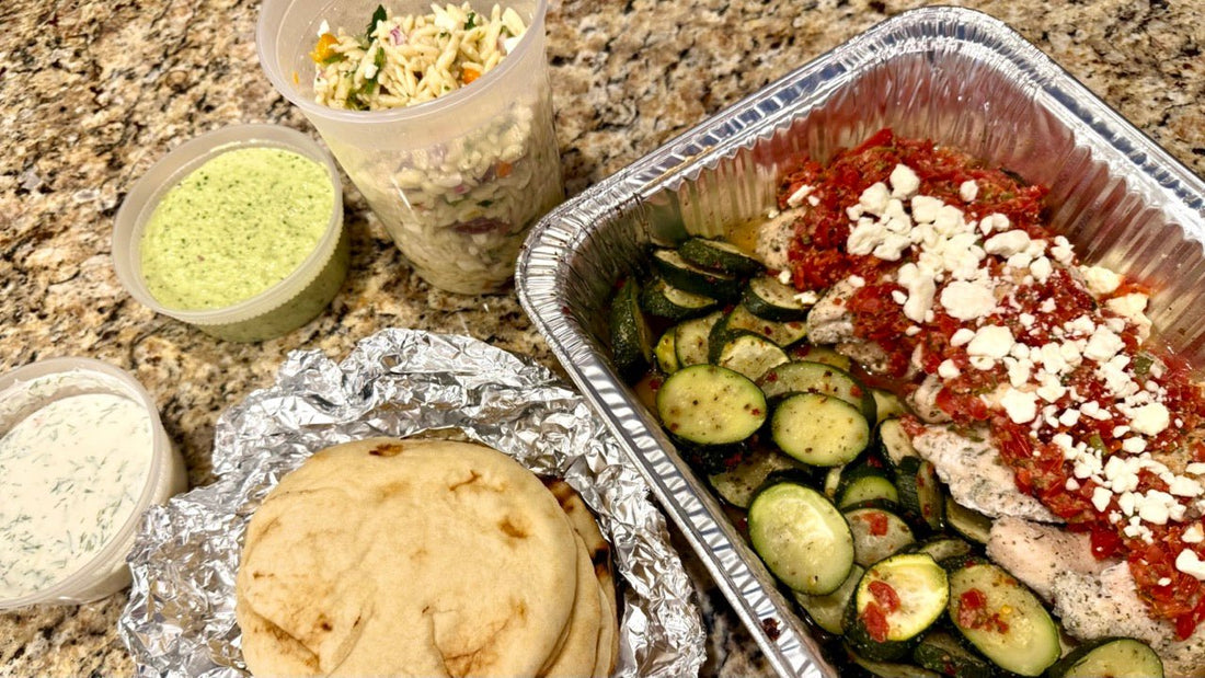 Week of 5/18/25 - Mediterranean Chicken with Warm Naan Bread, Orzo Salad and Zucchini - Queen Ro To Go