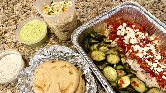 Week of 5/18/25 - Mediterranean Chicken with Warm Naan Bread, Orzo Salad and Zucchini - Queen Ro To Go