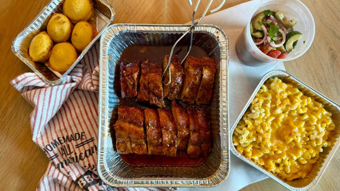 Week of 6/22/25 - Brown Sugar Baby Back Ribs with Mac & Cheese and Corn Bread with Honey Butter plus Tomato Cucumber Salad - Queen Ro To Go
