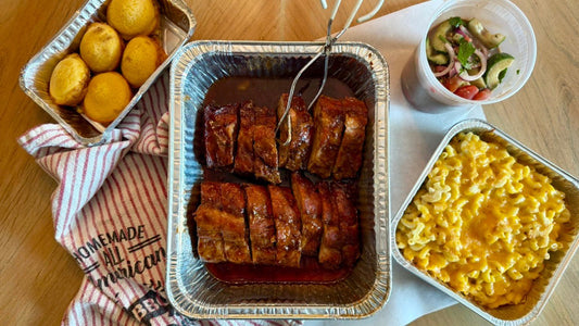 Week of 6/22/25 - Brown Sugar Baby Back Ribs with Mac & Cheese and Corn Bread with Honey Butter plus Tomato Cucumber Salad - Queen Ro To Go