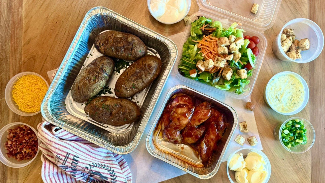 Week of 6/8/25 - BBQ Chicken Thighs with Loaded Baked Potatoes and Garden Salad - Queen Ro To Go