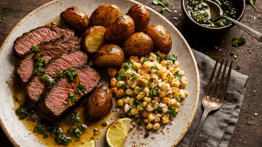 Week of 7/13/25 - Tri Tip with Chimichurri with Roasted Garlic Herb Potatoes and Mexican Street Corn Salad - Queen Ro To Go