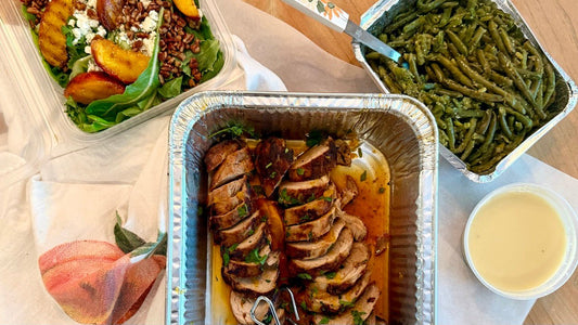 Week of 7/6/2025 - Peach Pork Tenderloin with Garlic Green Beans and Grilled Summer Peach Salad - Queen Ro To Go