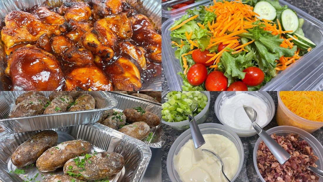 Week of 8/17/25 - BBQ Chicken Thighs with Loaded Baked Potatoes and Garden Salad - Queen Ro To Go