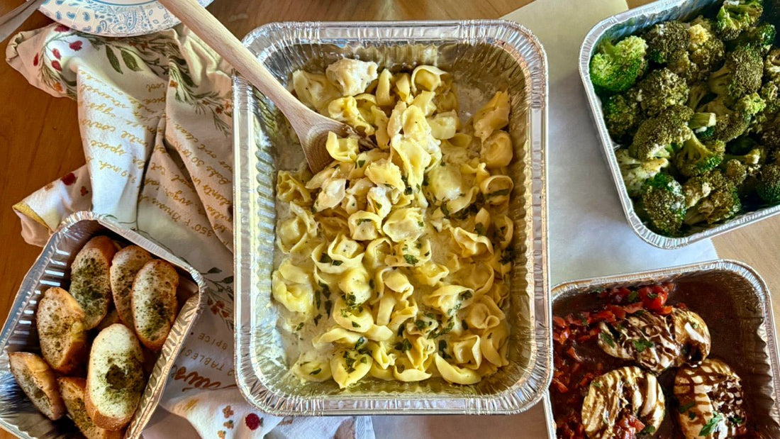 Week of 9/28/25 - Tortellini Alfredo with Garlic-Lemon Roasted Broccoli and Burrata Bruschetta - Queen Ro To Go