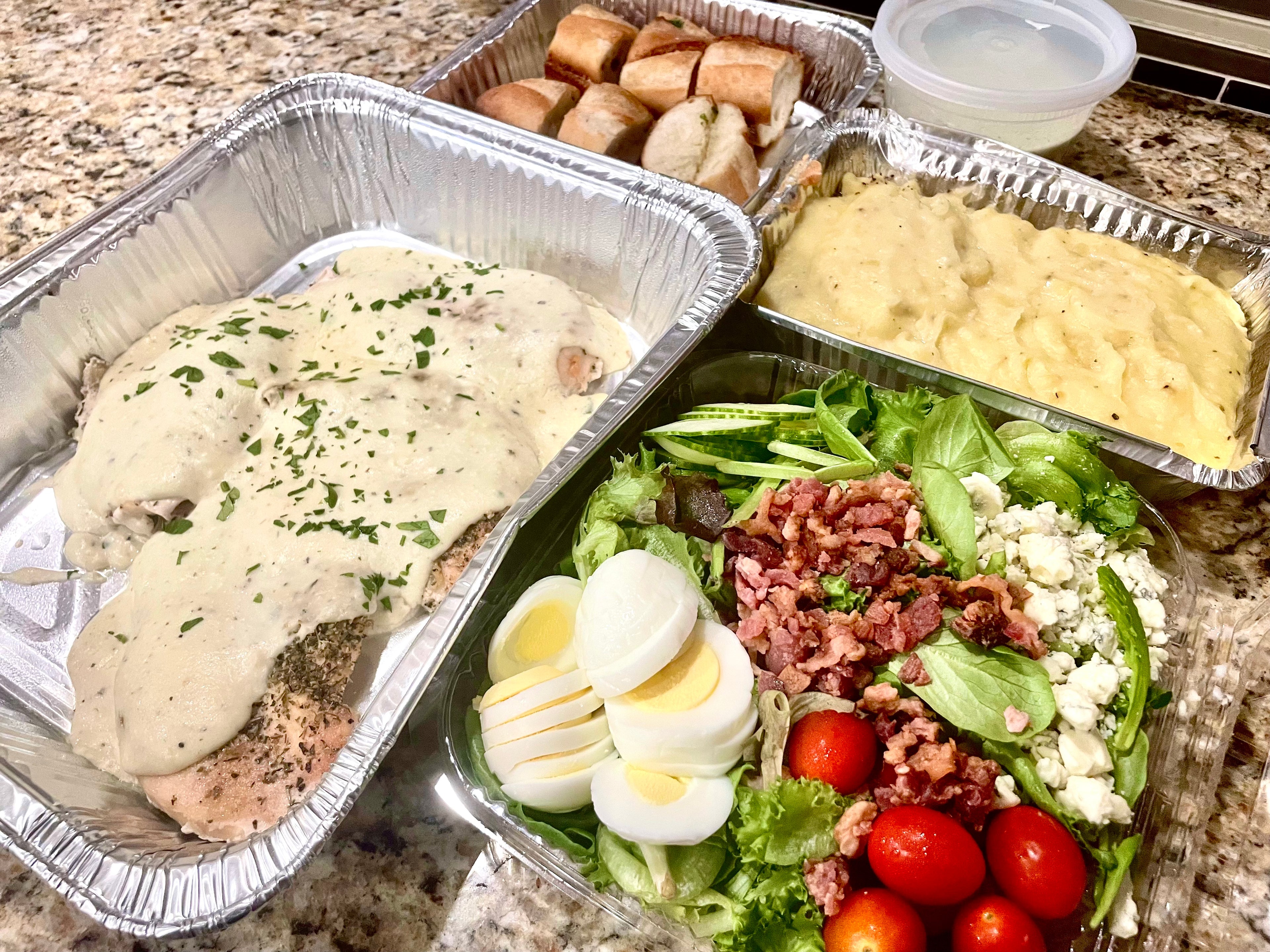 Creamy Gravy Chicken with Mashed Potatoes, Cobb Salad and Garlic Bread